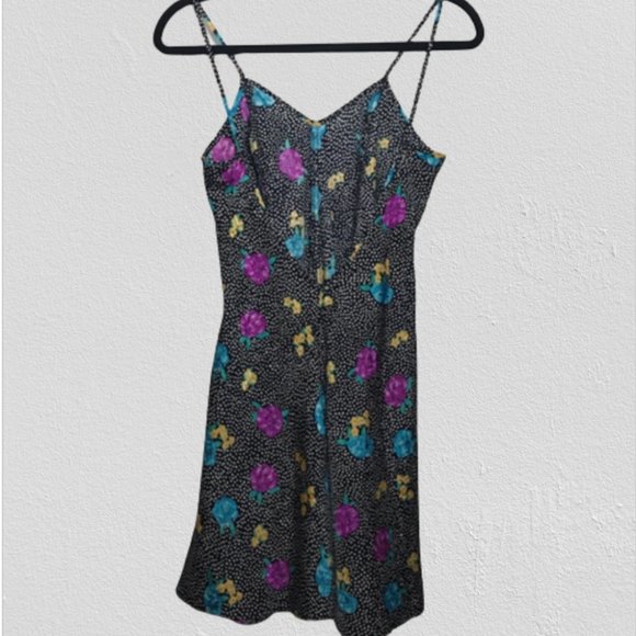 Vintage 90's LA Intimates Black Polka Dot Floral Slip Dress SM - Picture 2 of 4